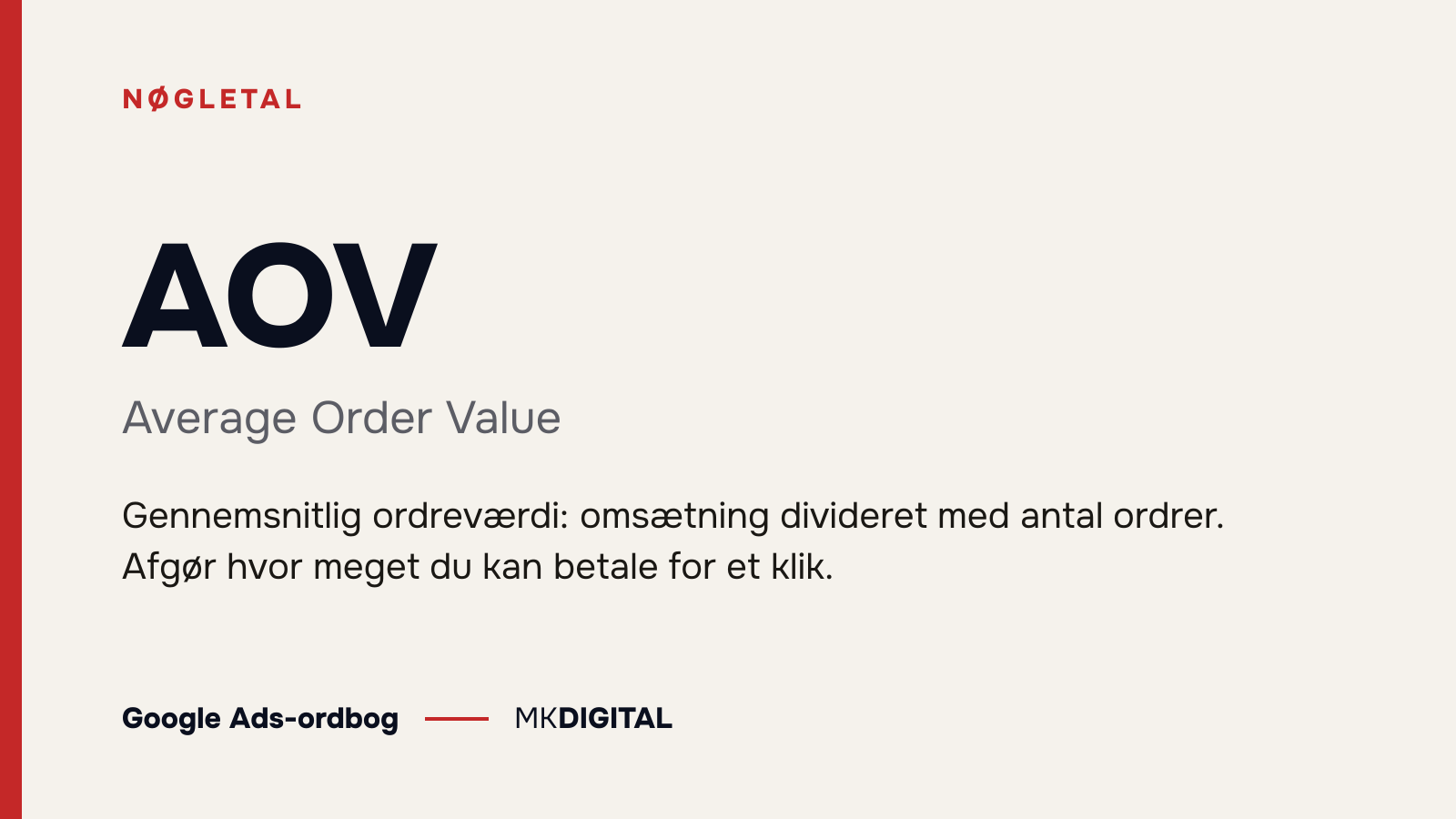 AOV (Average Order Value) forklaret: Gennemsnitlig ordreværdi: omsætning divideret med antal ordrer. Afgør hvor meget du kan betale for et klik.