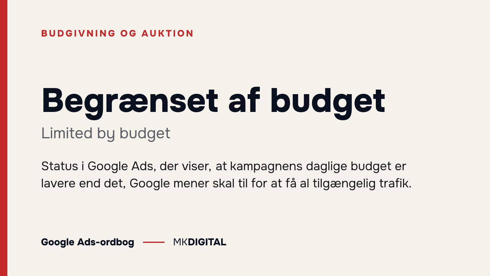 Begrænset af budget (Limited by budget) forklaret: Status i Google Ads, der viser, at kampagnens daglige budget er lavere end det, Google mener skal til for at få al tilgængelig trafik.