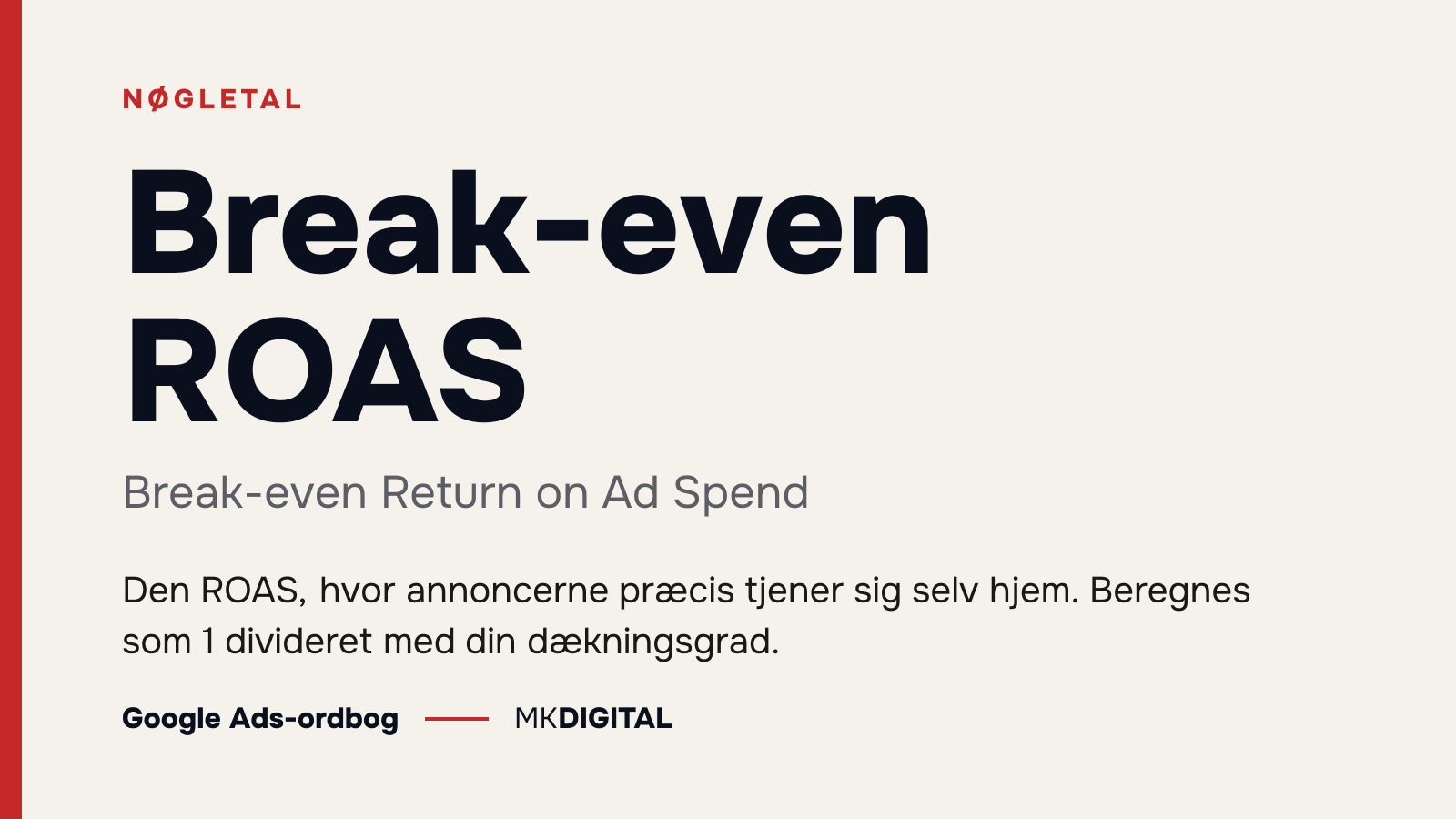 Break-even ROAS (Break-even Return on Ad Spend) forklaret: Den ROAS, hvor annoncerne præcis tjener sig selv hjem. Beregnes som 1 divideret med din dækningsgrad.