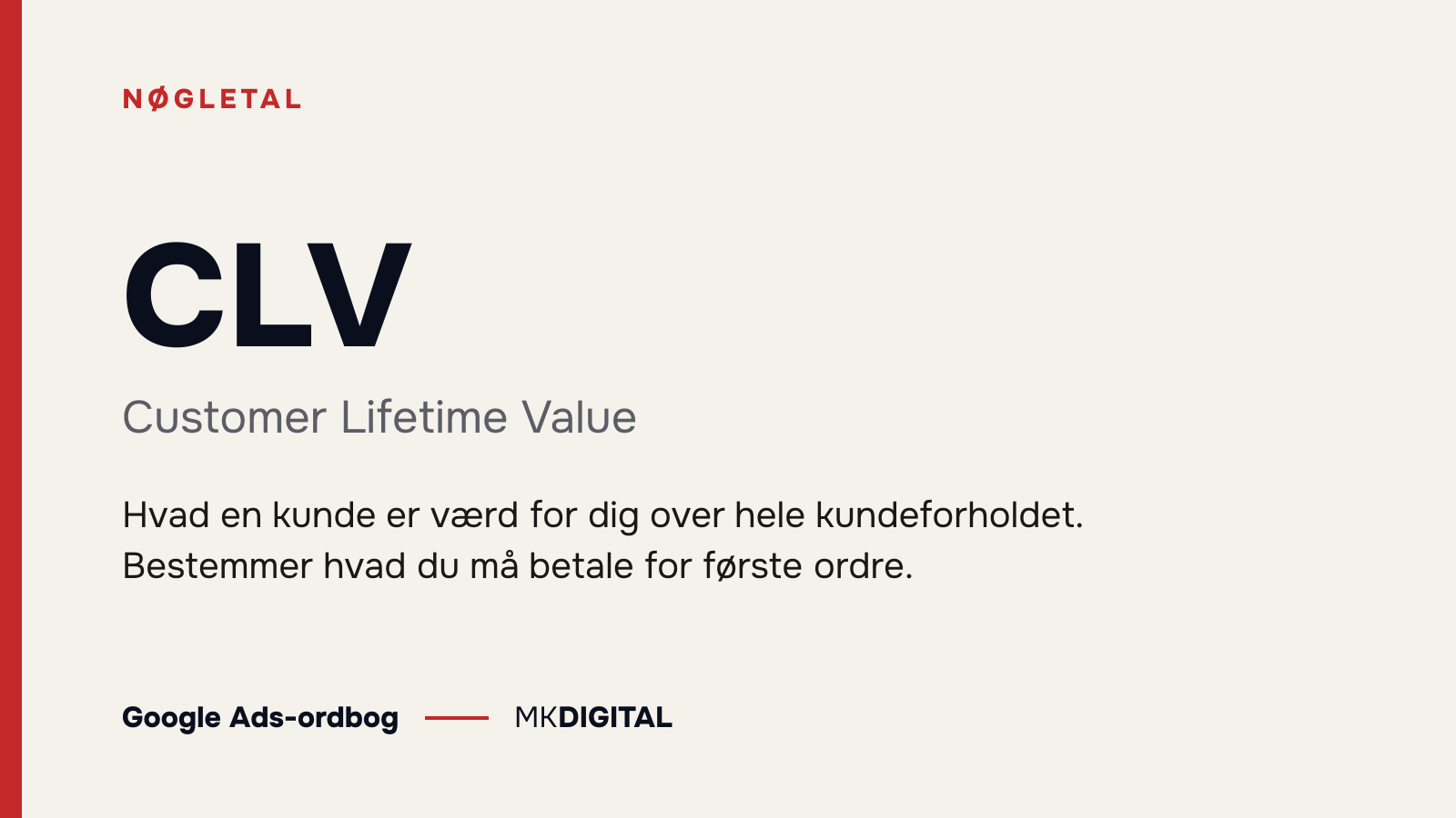 CLV (Customer Lifetime Value) forklaret: Hvad en kunde er værd for dig over hele kundeforholdet. Bestemmer hvad du må betale for første ordre.