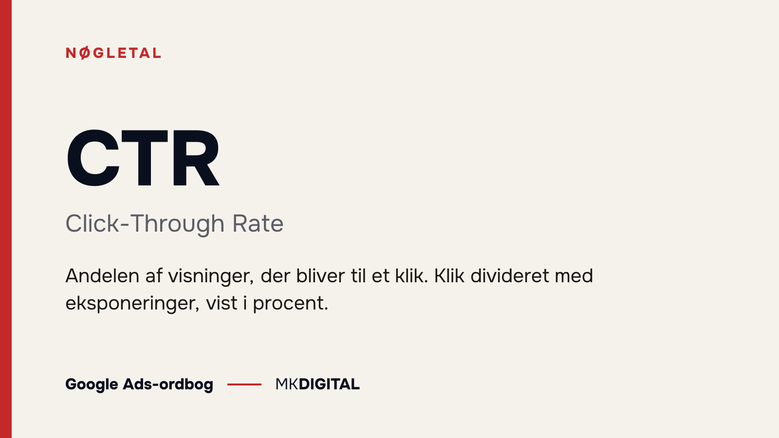 CTR (Click-Through Rate) forklaret: Andelen af visninger, der bliver til et klik. Klik divideret med eksponeringer, vist i procent.