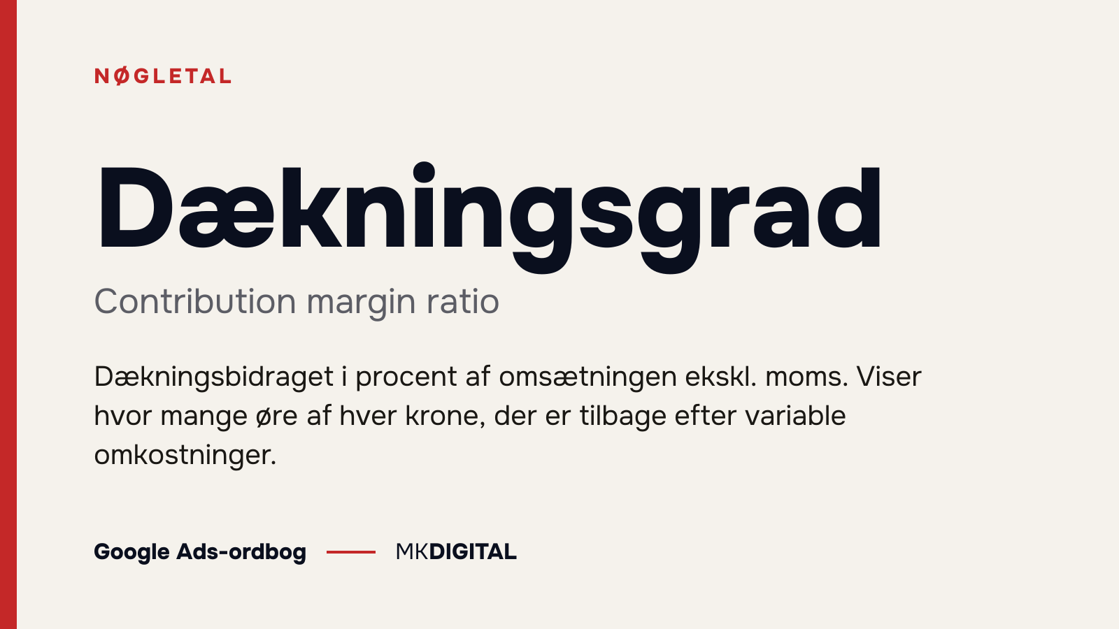 Dækningsgrad (Contribution margin ratio) forklaret: Dækningsbidraget i procent af omsætningen ekskl. moms. Viser hvor mange øre af hver krone, der er tilbage efter variable omkostninger.