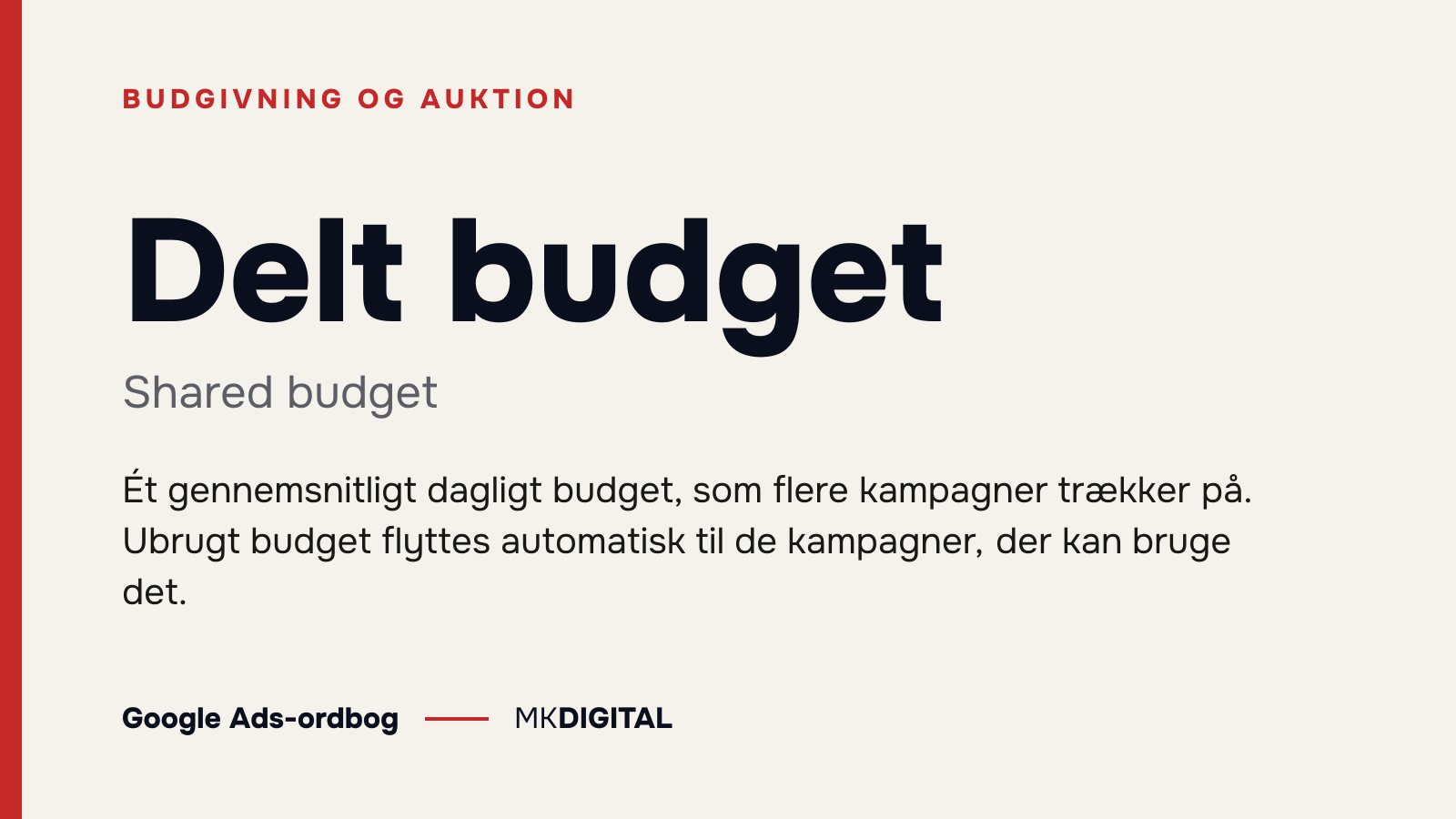 Delt budget (Shared budget) forklaret: Ét gennemsnitligt dagligt budget, som flere kampagner trækker på. Ubrugt budget flyttes automatisk til de kampagner, der kan bruge det.