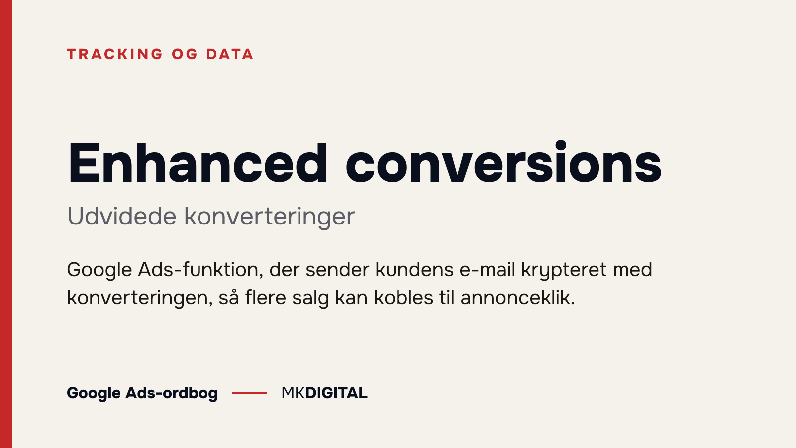 Enhanced conversions (Udvidede konverteringer) forklaret: Google Ads-funktion, der sender kundens e-mail krypteret med konverteringen, så flere salg kan kobles til annonceklik.