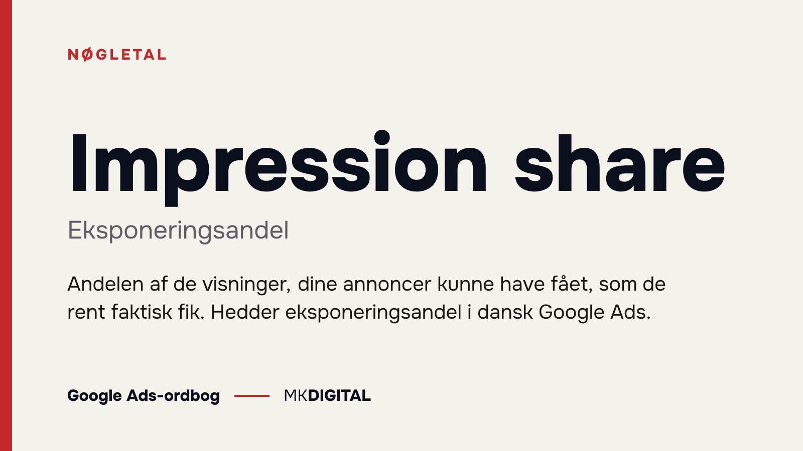 Impression share (Eksponeringsandel) forklaret: Andelen af de visninger, dine annoncer kunne have fået, som de rent faktisk fik. Hedder eksponeringsandel i dansk Google Ads.