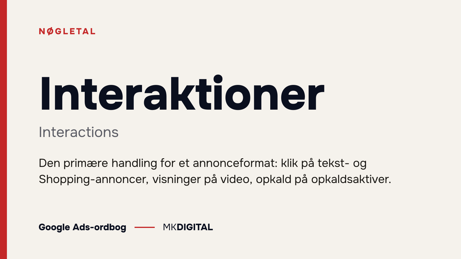 Interaktioner (Interactions) forklaret: Den primære handling for et annonceformat: klik på tekst- og Shopping-annoncer, visninger på video, opkald på opkaldsaktiver.
