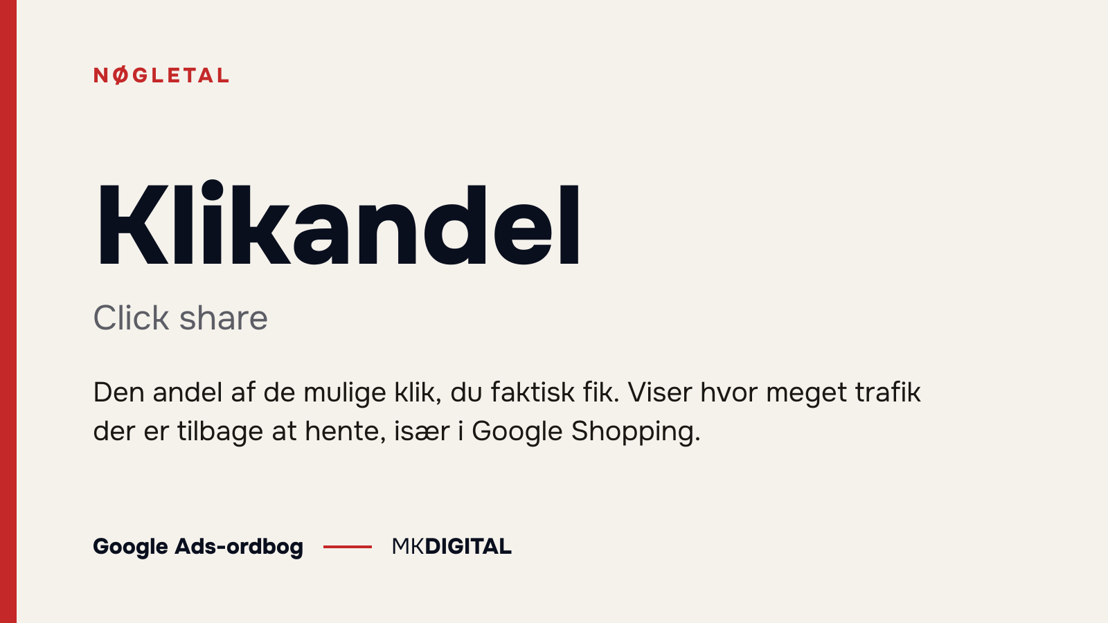 Klikandel (Click share) forklaret: Den andel af de mulige klik, du faktisk fik. Viser hvor meget trafik der er tilbage at hente, især i Google Shopping.