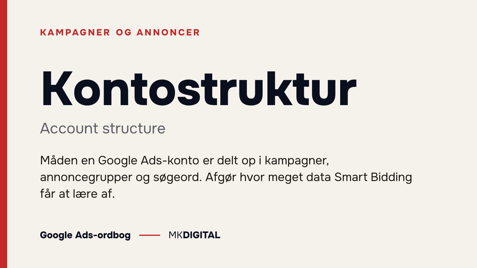 Kontostruktur (Account structure) forklaret: Måden en Google Ads-konto er delt op i kampagner, annoncegrupper og søgeord. Afgør hvor meget data Smart Bidding får at lære af.