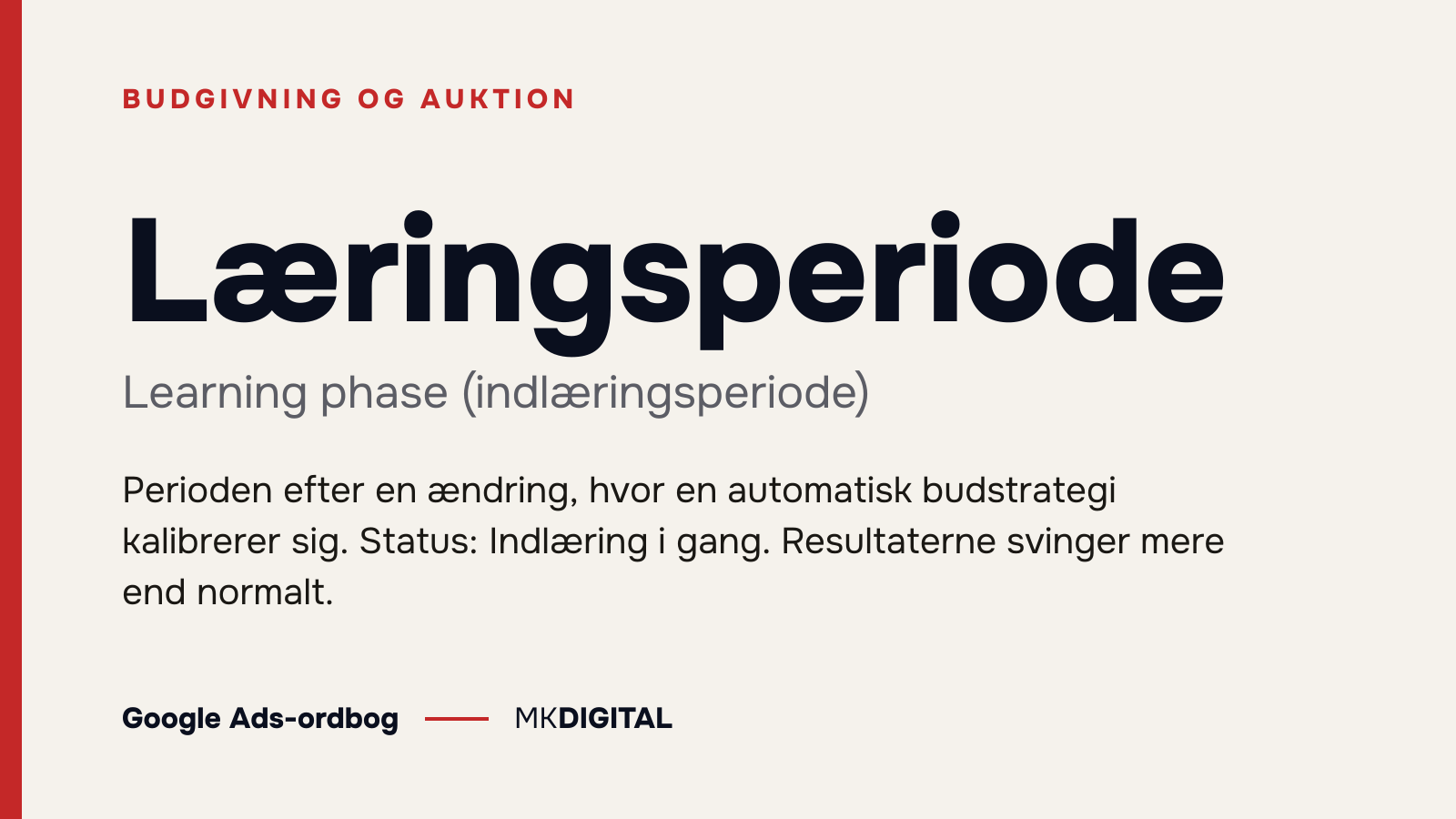 Læringsperiode (Learning phase (indlæringsperiode)) forklaret: Perioden efter en ændring, hvor en automatisk budstrategi kalibrerer sig. Status: Indlæring i gang. Resultaterne svinger mere end normalt.
