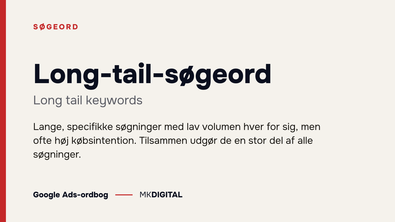 Long-tail-søgeord (Long tail keywords) forklaret: Lange, specifikke søgninger med lav volumen hver for sig, men ofte høj købsintention. Tilsammen udgør de en stor del af alle søgninger.