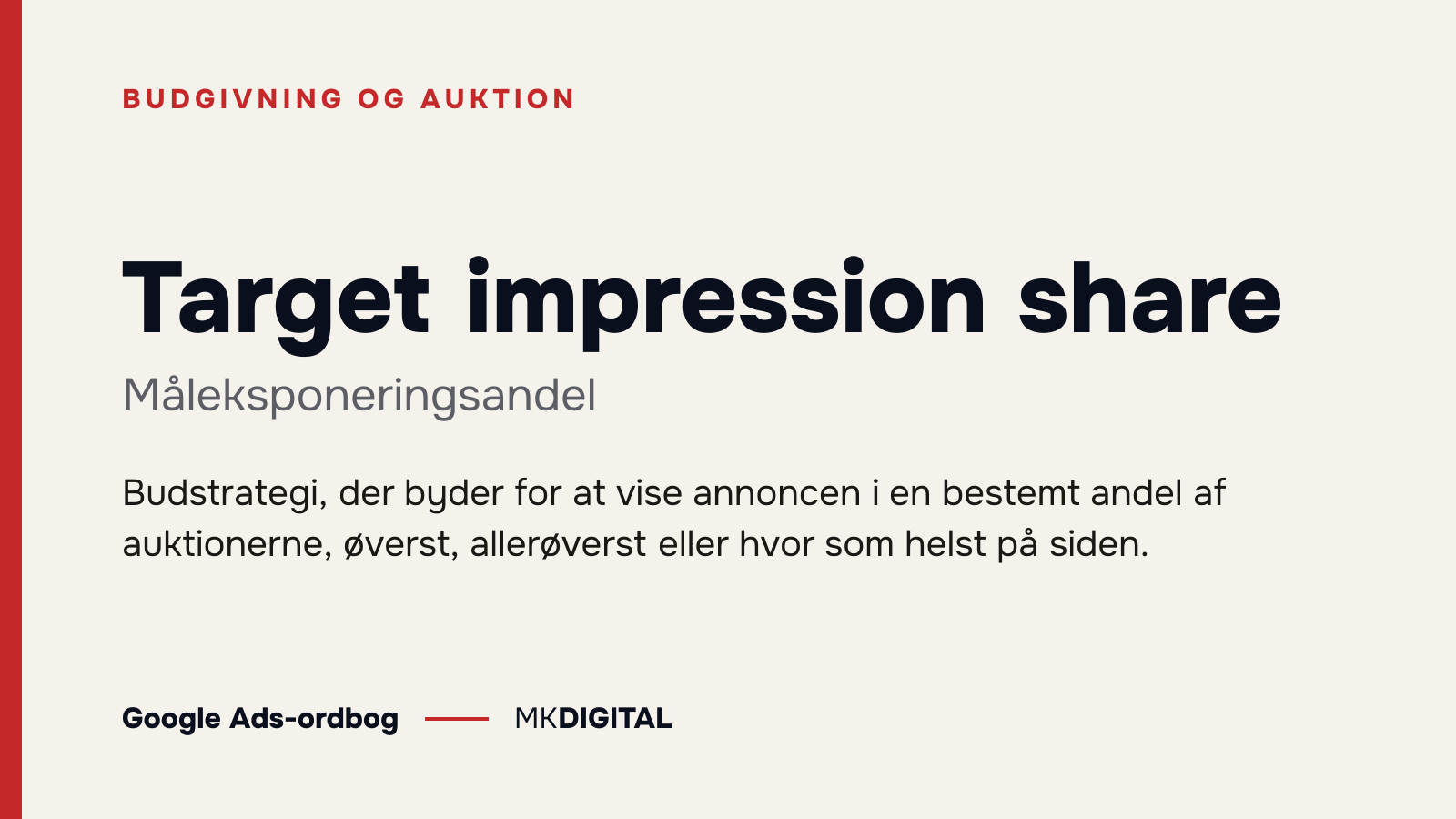 Target impression share (Måleksponeringsandel) forklaret: Budstrategi, der byder for at vise annoncen i en bestemt andel af auktionerne, øverst, allerøverst eller hvor som helst på siden.