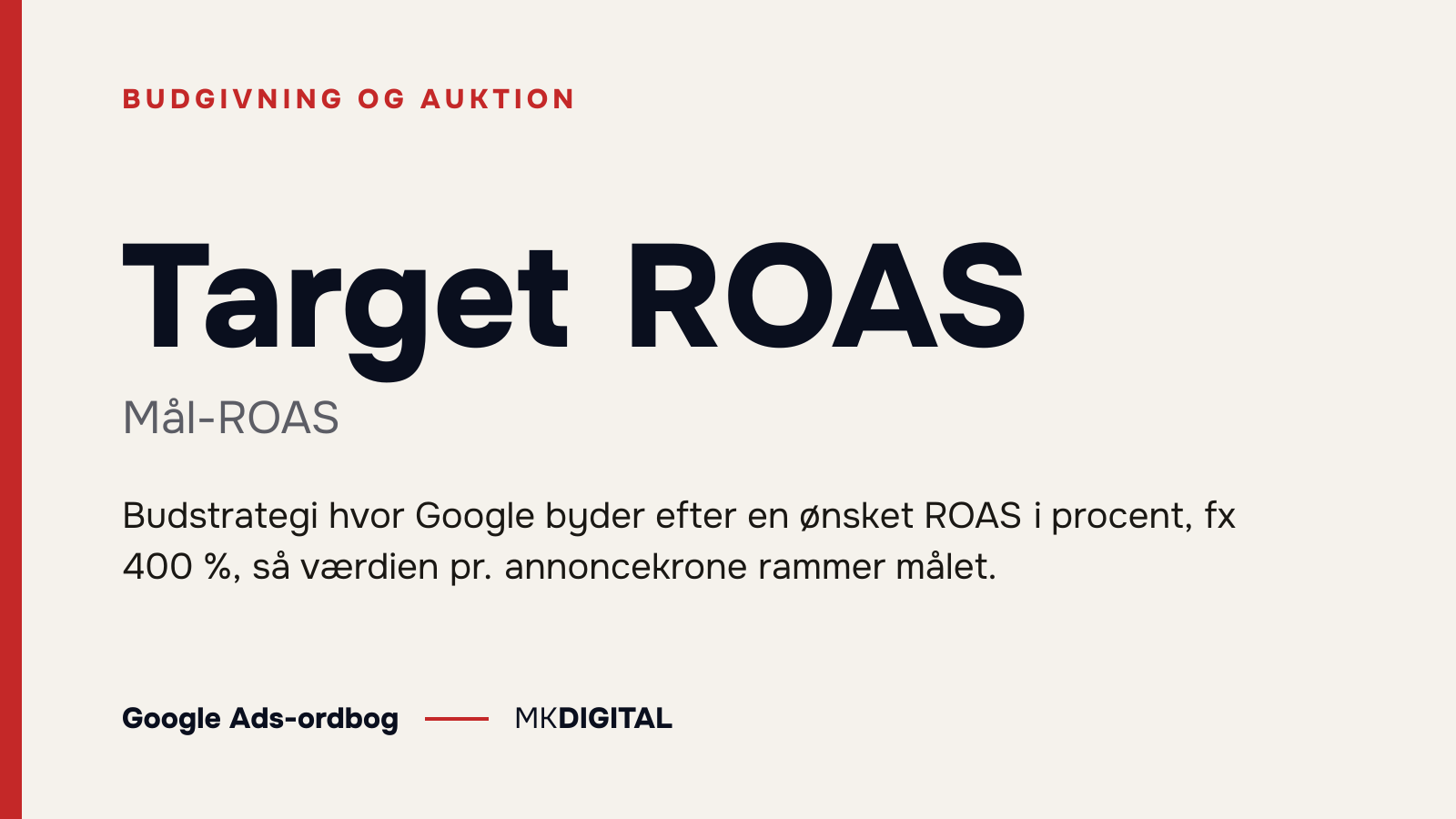 Target ROAS (Mål-ROAS) forklaret: Budstrategi hvor Google byder efter en ønsket ROAS i procent, fx 400 %, så værdien pr. annoncekrone rammer målet.